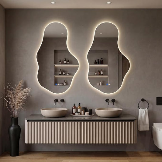 Irregular LED Bathroom Mirror with Lights, Backlit Vanity Mirror for Wall, Asymmetrical Wall Mirror, 3 Color Dimmable Anti-Fog Smart, Decorative Mirror for Bathroom, Entryway(22″ x 36″, 2 Pack)