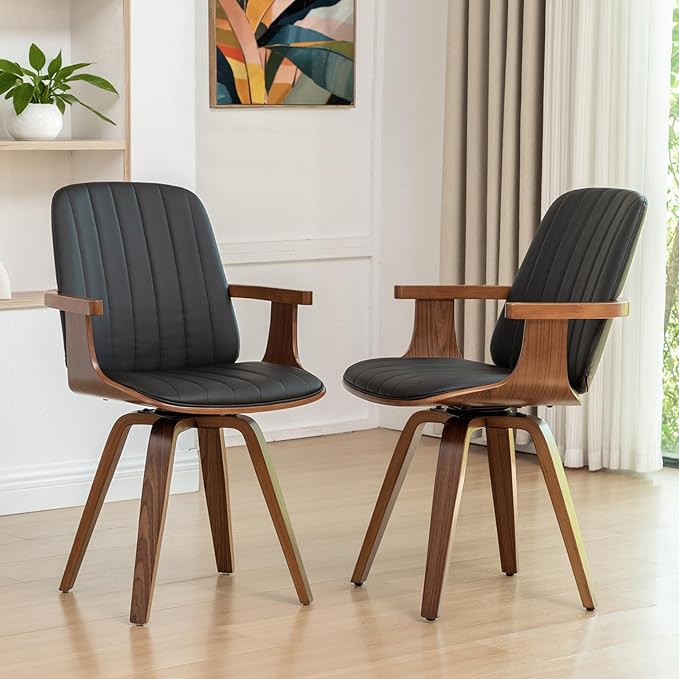 Swivel Dining Chairs, Set of 4 Kitchen Swivel Chairs with Walnut Craftsmanship, Upholstered Faux Leather, Wooden Arms and Legs, Walnut Dining Chairs for Kitchen/Living Room - Black