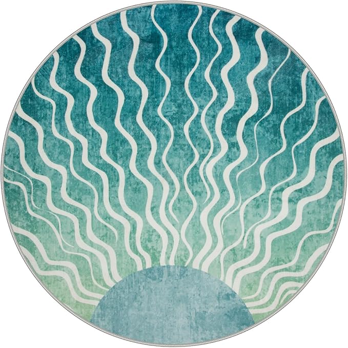 Wonnitar Sun Print Boho Round Rugs, 4ft Small Round Rug Washable Green Circle Carpet, Soft Non Slip 4 Feet Mid Century Circular Dining Room Carpet for Entryway Bedroom, Teal/Multi