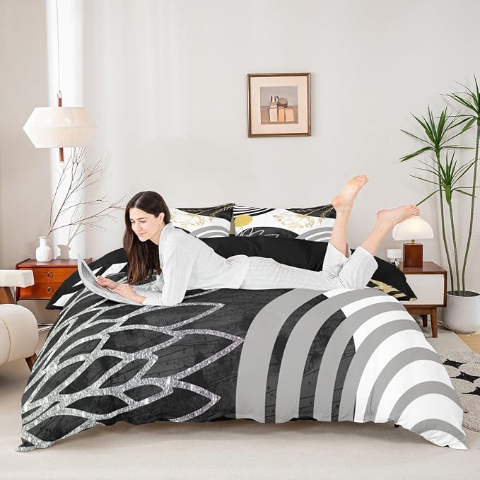 Mid Century Modern Duvet Cover Toddler Size for Kids Teens Adults - Black and White Abstract Comforter Cover Boho Minimalist Aesthetic Bedding Set Chic Modern Geometric Bohemian Floral Bed Set