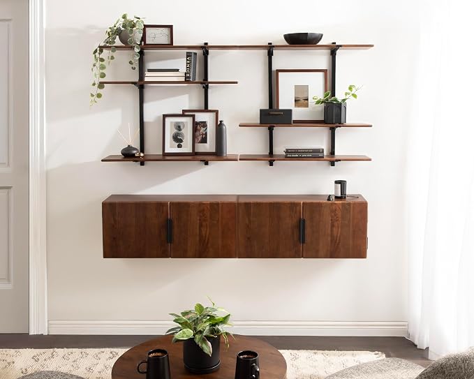 Kate and Laurel Atwood Modern Mango Wood Two-Door Wall Cabinet and Shelf Set, Walnut Brown, Decorative Storage Cabinet with Tiered Wall Shelves for Use as Cohesive Bar Storage Unit