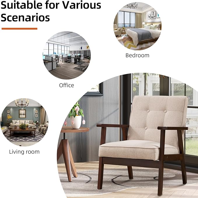 IOMOR Accent Chair Mid Century Modern Chair for Living Room, Comfy Fabric Armchair with Solid Wood Frame Soft Thick Padded, Side Chairs Easy Assembly (2, Fabric Beige)