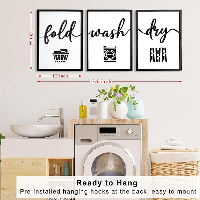 3D Wood Laundry Room Wall Decor, 36" x 16" Framed Laundry Room Wall Art, 3D Laundry Signs for Room Decor (Ready to Hang, Set of 3, Framed)