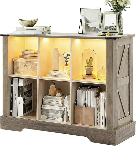 6 Cube Storage Organizer, 2 Tier Book Shelf with Led Lights, Farmhouse Book Shelves for Living Room, Horizontal Toy Storage Bookshelf, Wood Display Bookcase Cabinet for Bedroom, Office, Grey