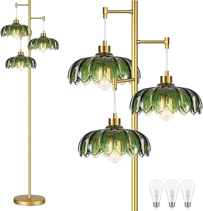 Glass Floor Lamp for Living Room,Bedroom,Gold Mid Century Modern Standing Lamp Brass Tree 3 Light Tall Floor Lamps Vintage Retro Floor Lights Green Flower Lamp Shade Farmhouse Boho Bohemian