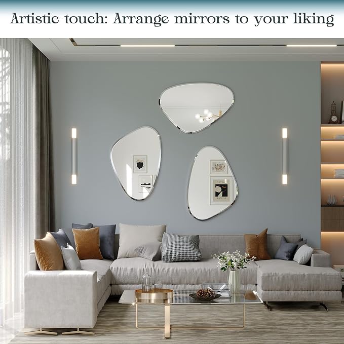 48"x22" Irregular Frameless Oval Wavy Bathroom Entryway Wall Mirror, Asymmetrical 0.59" inch Beveled Mirror with 4MM HD Shatter-Proof Mirror for Living Room. Hung Horizontally or Vertically