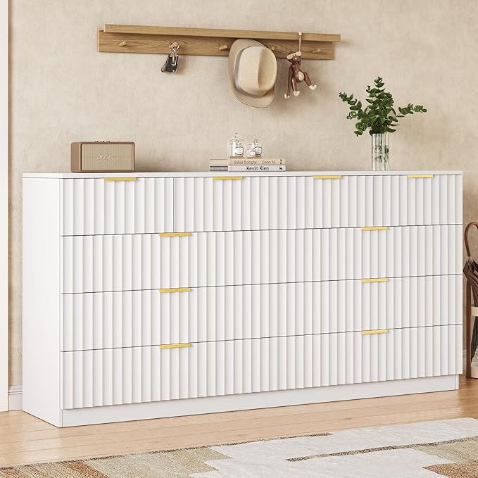 Fluted 10 Drawer Dresser for Bedroom,55.1''W Modern Dresser for Closet with Metal Handle, Wooden Chest of Drawers for Bedroom, Living Room, Hallway,White