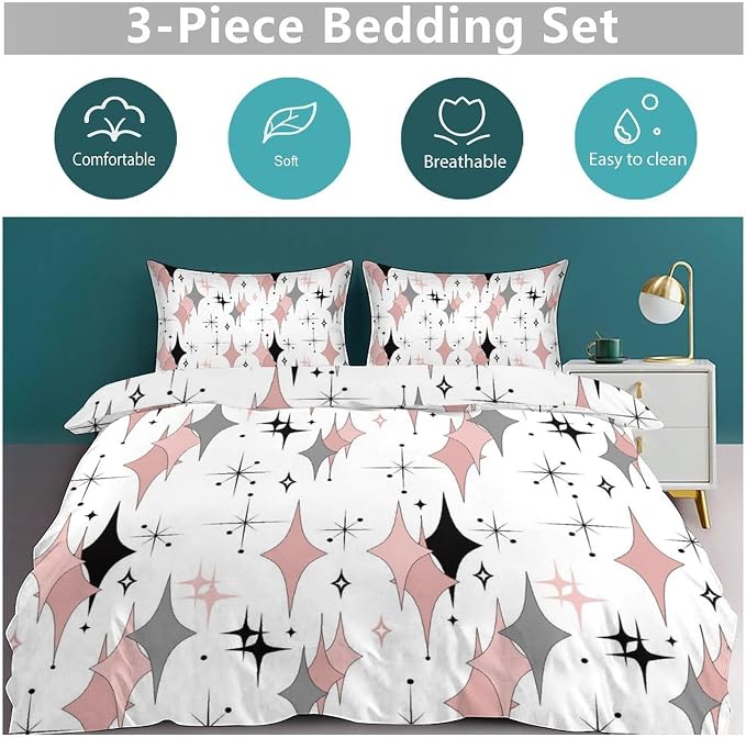 Mid Century Comforter Set for Girls,Modern Pink Grey Abstract Atomic Geometric Pattern Retro 1950s 1960s Style Bedding Set with Pillowcase for Bedroom Bed Decor,Queen 90"x90"