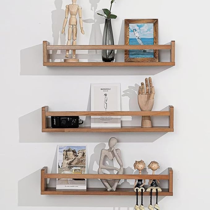 AZSKY Nursery Shelves Light Walnut Floating Book Shelf Organizer for Baby Nursery Décor Wall Book Shelves for Kids Room 24 Inch Wood Wall Ledge Shelves for Bathroom Kitchen Spice Rack a Set of 3