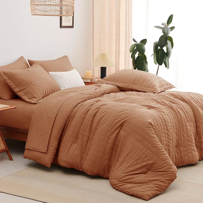 CozyLux King Size Comforter Set Pumpkin, 7 Pieces Seersucker Textured Luxury Bed in a Bag, All Seasons Soft Bedding Sets with Down Alternative Comforter, Sheets, Pillowcases & Shams, Home Gift