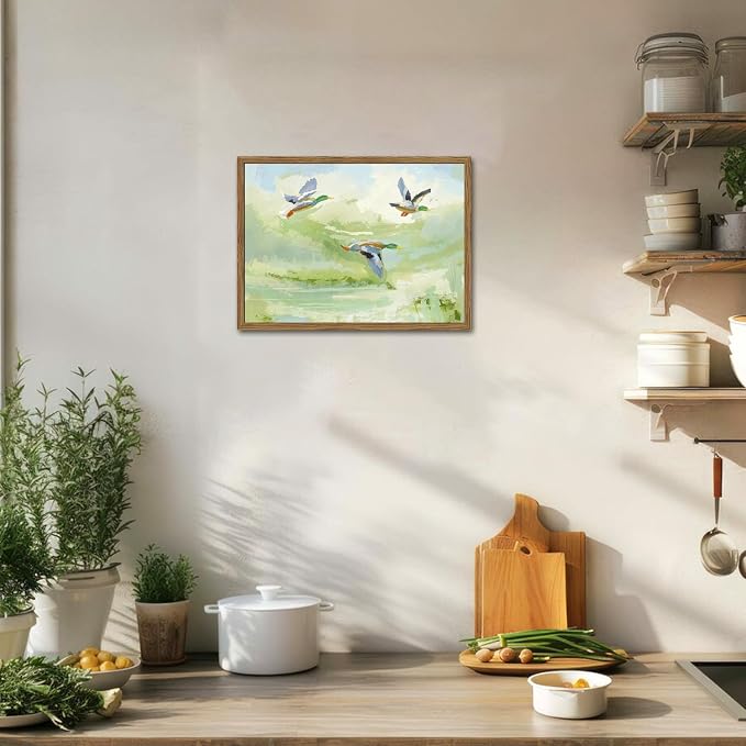 Vintage Mallard Duck Wall Art Cottagecore Flying Ducks Wall Decor Painting Rustic Bird Animal Landscape 3D Textured Hand Drawn Sandstone Artwork for Living Room Bedroom 12x16 inch Framed