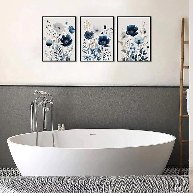 BingruiArt Navy Blue Wall Art Canvas Abstract Floral Painting Blue and Gray Posters Flower Decor Wildflower Pictures Botanical Prints for Living Room Bedroom Bathroom 3 Pcs 12"x16" Black Framed