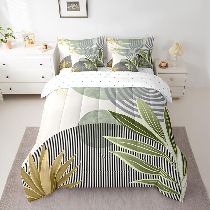 Erosebridal 7 Pcs Mid Century Boho Comforter Set Queen Modern Geometric Bedding Sets,Minimalist Bed in a Bag Abstract Sun Aesthetic Arch Curve Leaves Quilt with Flat Fitted Sheet,Green Gold