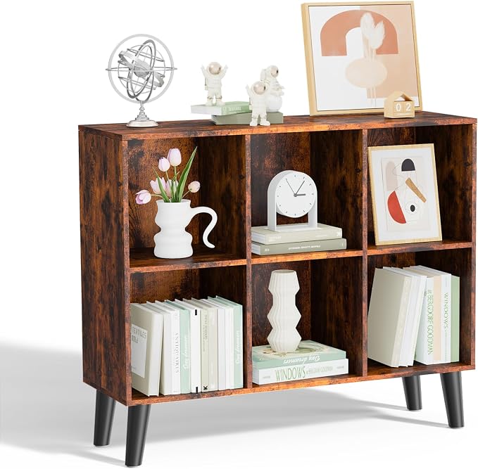 6 Cube Storage Organizer with Legs, 3 Tier Cube Low Bookcase Freestanding Storage Display Organizer for Home Office, Three-Cubes Open Shelf Bookshelf (Retro Brown, 6 Cube Horizontal)