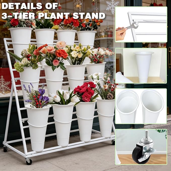 3-Tier Flower Display Stand with 12 Buckets, Heavy Duty Metal Flower Plant Cart with Wheels, Indoor Large Capacity Flower Bar Florist bucket Rack, Moving Florist Bouquet Shelf for Wedding Garden (A, 39.6*23.7*40.6in)