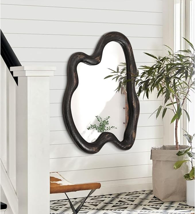 AAZZKANG Vintage Wall Mirror with Wood Framed Large Irregular Wall Mirror 32"x24" Decorative Hanging Mirrors for Bathroom Bedroom Living Room Entryway