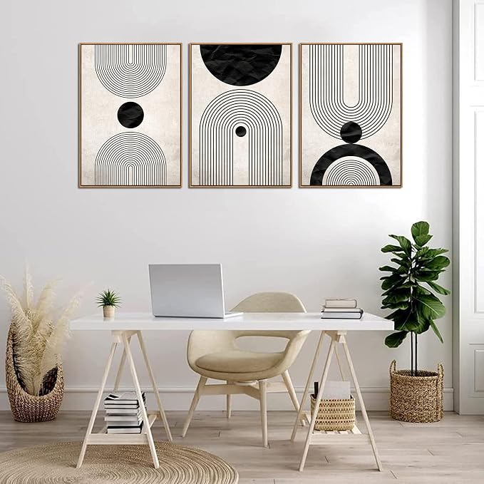 Framed Wall Art Canvas Set Mid Century Boho Pictures Modern Abstract Geometric Wall Decor Minimalist Black Beige Bohemian Canvas Painting Artwork for Living Room Bedroom Office 20"x28"x3 Natural