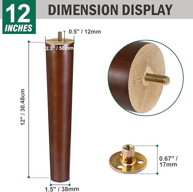 FoDau770 Brown Rubber Wood Furniture Legs 12 Inches, Straight Tapered Wood Feet Mid Century Sofa Legs Set of 4, 5/16" UNC Furniture Feet for Cabinet Couch Dresser Chair Ottoman Table
