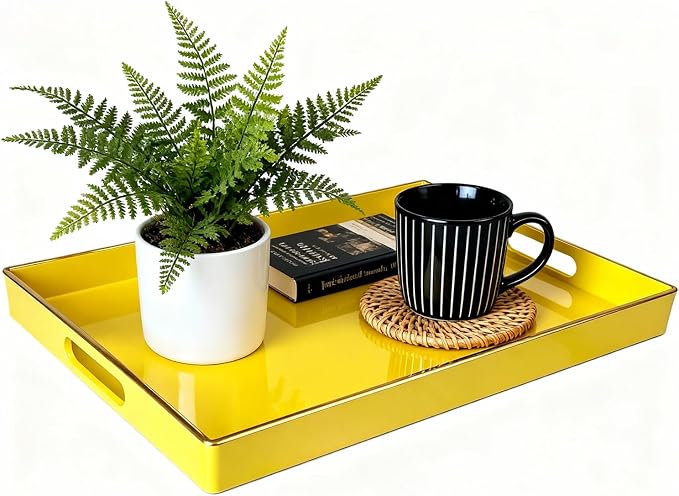 Decorative Plastic Serving Tray with Handles, Modern Vanity Organizer for Bathroom, Kitchen, Ottoman and Coffee Table (Yellow, Rectangular)