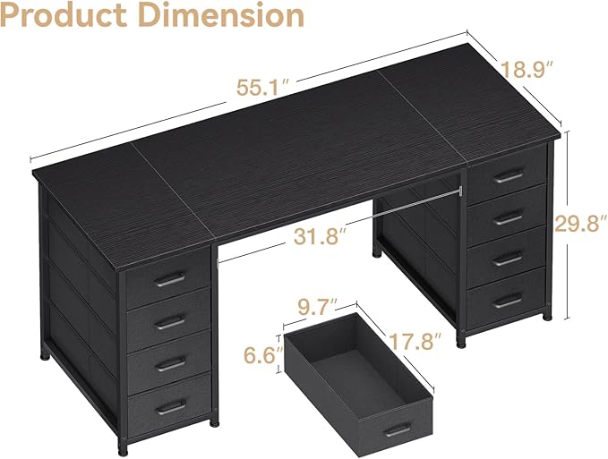 Casaottima 55 Inches Computer Desk with 8 Fabric Drawers, Modern Office Desk with Large Storage for Home Office, Study, Black