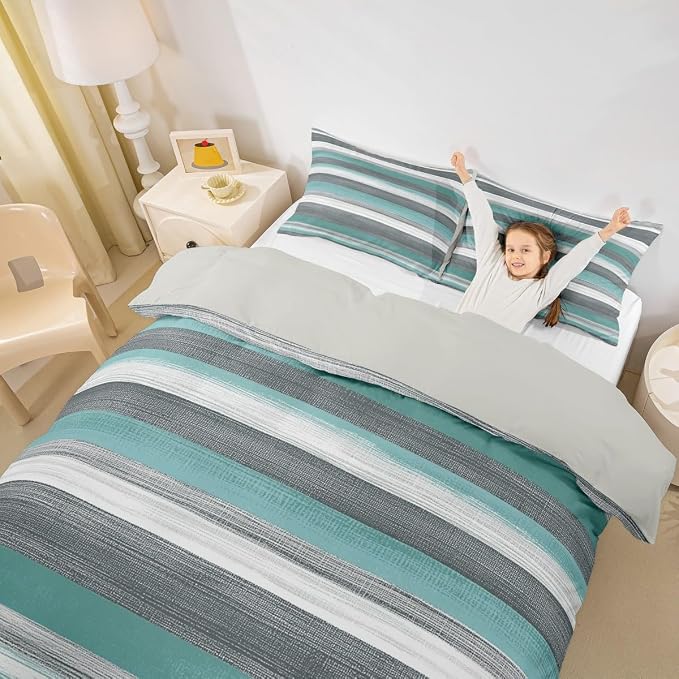 Erosebridal Grey White Teal Bedding Sets Twin Abstract Art Comforter Cover, Geometric Stripe Bed Set Grunge Aesthetic Duvet Cover, Boho Hippie Modern Quilt Cover 2pcs with 1 Pillow Case
