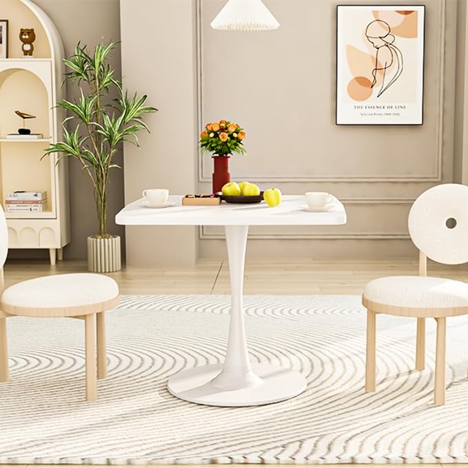 DKLGG White Tulip Table for 2, Small Dining Table with Pedestal Base, 32 Inch Leisure Design Square Kitchen Table for Dining Room Small Space