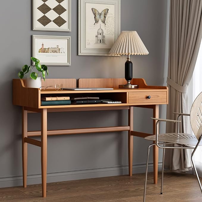 Vintage-Style Desk with Scandinavian Flair, Computer or Laptop Desk, Writing Desk with Drawer and Open Storage Cubby, Small Space Dressing Table