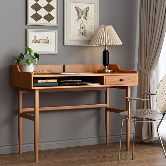 Vintage-Style Desk with Scandinavian Flair, Computer or Laptop Desk, Writing Desk with Drawer and Open Storage Cubby, Small Space Dressing Table