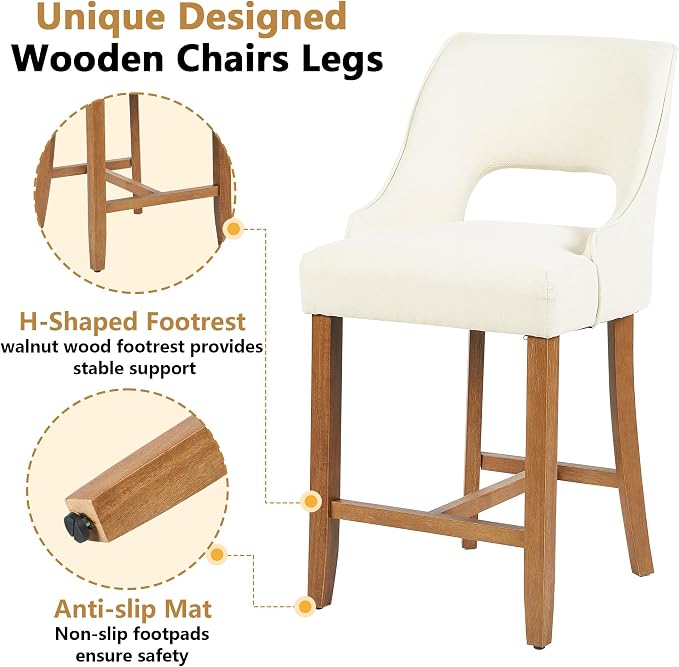 ClinQ Bar Stools Set of 6, 26" H Counter Height Bar Stools with Backs, Modern Upholstered Accent Barstools with H-Shaped Footrest for Kitchen Island, Dining Room and Bar, Beige-Walnut Legs