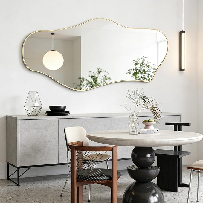 Large Irregular Mirror, 55"x25.6" Gold Asymmetrical Mirrors, Abstract Full Length Mirrors with Metal Frame, Cloud Shaped Mirror for Living Room Bathroom Bedroom Hallway Entryway Fireplace