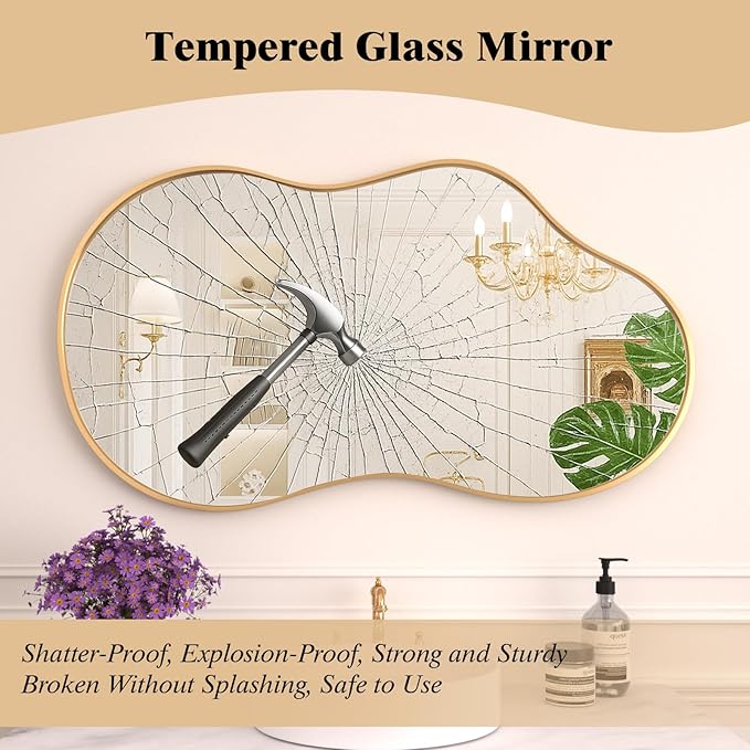 WEER Irregular Wall Mirror, 24x36 inch Gold Asymmetrical Wall Mounted Mirrors Decorative, Abstract Wavy Aluminum Alloy Frame for Bathroom, Bedroom, Living Room, Entryway