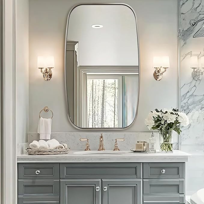 ANDY STAR Brushed Nickel Oval Bathroom Mirror for Over Sink, 24x40 Inch Bathroom Vanity Mirror with Unique Oblong Tube Metal Frame-Modern Clean Design with Anti-Rust Stainless Steel Frame