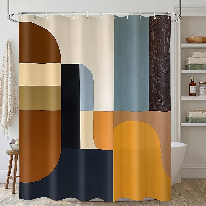 Brown Mid Century Shower Curtain, Abstract Geometric Modern Pattern, Navy Blue and Yellow Boho Bathroom Decor, Retro Art Waterproof Fabric Bath with Hooks, 67x70 Inch