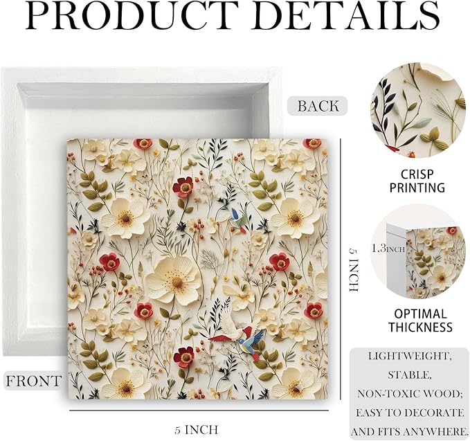 Spring Floral Bird 3D-Style Wooden Box Sign Desk Decor, Vintage Exquisite Rustic Wildflower Botanical Wood Signs for Home Living Room Office Desk Table Shelf Decorations, 5x5 Inch