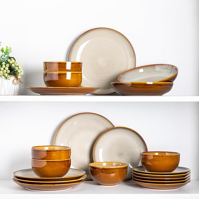 LERATIO Ceramic Dinnerware Sets for 8,Stoneware Plates and Bowls Sets,Handmade Reactive Glaze Dishes Set,Chip Resistant and Scratch Resistant | Oven&Dishwasher & Microwave Safe-Kahki (24PCS)