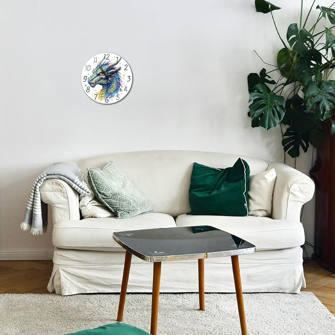peacoblue Wall Clocks Battery Operated 12 Inch Dragon Glass Round Wall Clock Non Ticking for Kitchen Living Room Dining Room Bedroom and Bathroom Decor Accessories (Battery not Included)