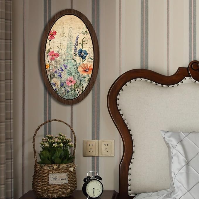 UYIKG Vintage Cottagecore Floral Wall Art,Floral Botanical Oval Framed Wall Decor,Rustic Farmhouse Cottage Core Wooden Framed Decor for Theme Room Home Bedroom Living Room Home Office 9x14.6 in