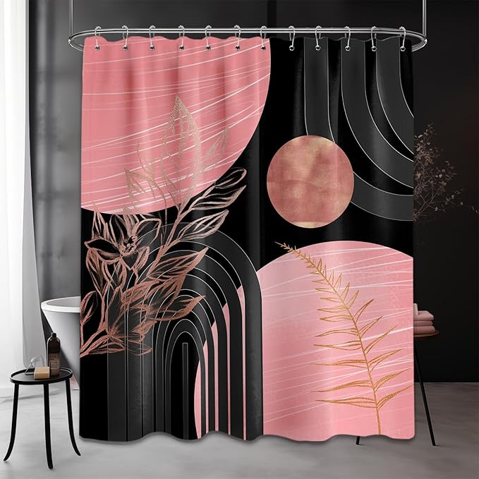 Black and Pink Shower Curtain Boho Mid Century Dark Pink and Gray Shower Curtains for Bathroom Decor, Waterproof Cloth Fabric with Hooks, 70" W x 84" L