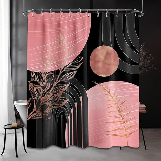 Black and Pink Shower Curtain Boho Mid Century Dark Pink and Gray Shower Curtains for Bathroom Decor, Waterproof Cloth Fabric with Hooks, 70" W x 84" L