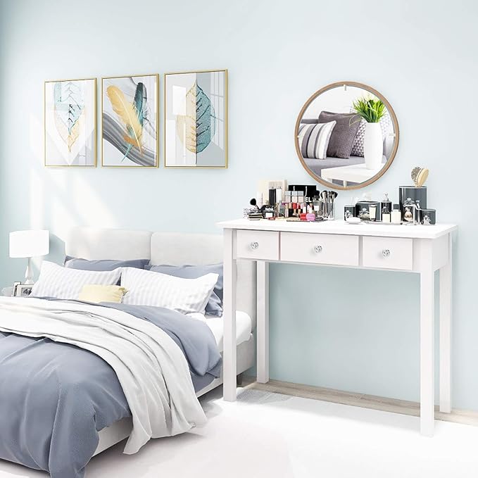 STHOUYN Home Office Small Writing Desk with Drawers Bedroom, Study Table for Adults/Student, Vanity Makeup Dressing Table Save Space Gifts White (White)