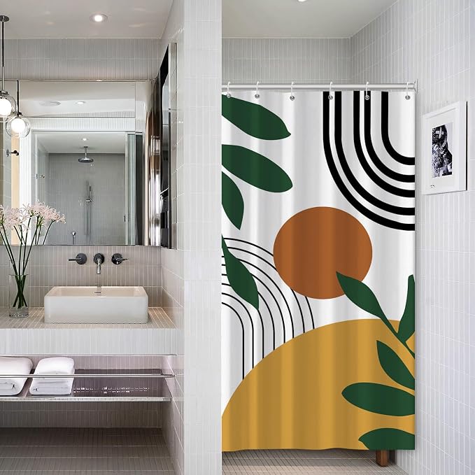 Boho Geometric Shower Curtain White Beige Mid Century Abstract Arch Curve Bathroom Curtain Minimalistic Sun Shower Curtain Sets for Bathroom Extra Long 54x72 in with 10 Hooks