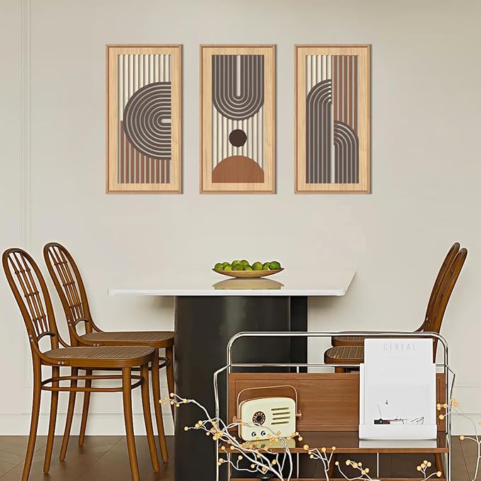 IARTTOP Mid-century Modern Boho Wooden Wall Art Framed 8x16 Inch Orange Abstract Bohemian Wood Wall Decor Set of 3 Minimalist Geometry Artwork for Living room Bedroom Office