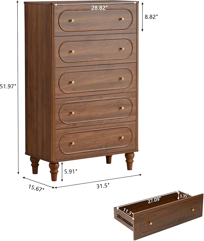 ORRD Fluted 5 Drawer Dresser for Bedroom Set of 2, Modern Mid Century Chest of Drawers, Wood Storage Large Dresser Organizer for Bedroom Living Room Closet Hallway, Walnut