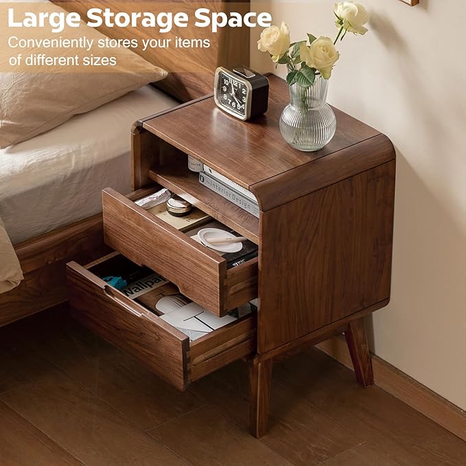 Solid Wood Nightstand Set of 2, Walnut Night Stand with 2 Drawers and Open Storage, Bedside Table for Bedroom, Mid Century Modern Nightstands for Dorm