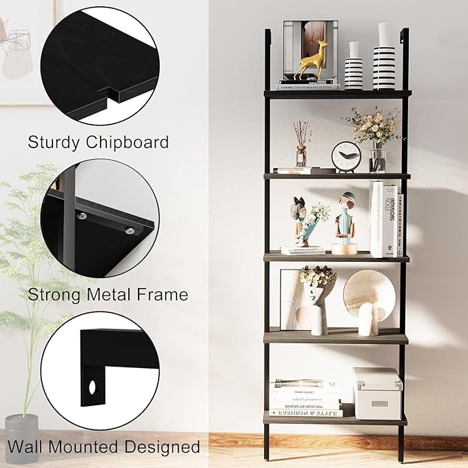 aboxoo Ladder Shelf 2PCS Open Bookshelf 5-Tier Wood Wall-Mounted Black Bookcase Storage Rack Open Industrial Modern Plant Stand Utility Organizer Bookcase Metal Frame Furniture Office Kitchen Bedroom