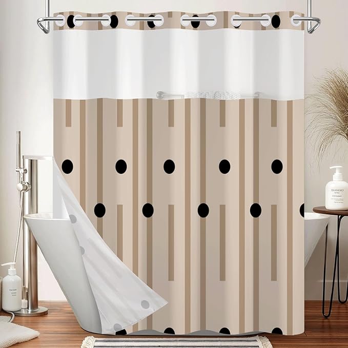 No Hook Shower Curtain with Snap in Liner, Modern Minimalist Geometric Print Waterproof Double Layer Bath Tub Curtain with See Through Top, Bathroom Shower Curtain and Liner Set, 71W x 74H