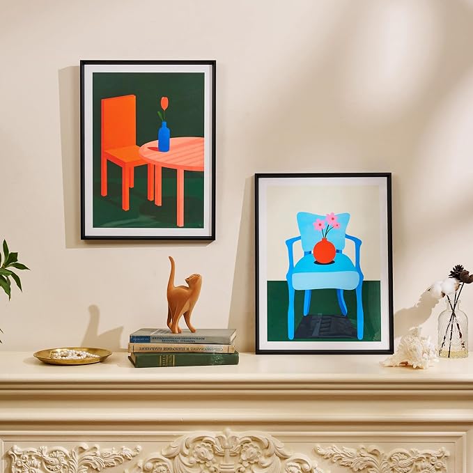 Framed Modern Interior Wall Art for Living Room, 12x16 Inch Abstract Chair and Tulip Print, Minimalist Geometric Artwork for Walls with Matte Black Metal Frame, Bedroom Office Wall Decor