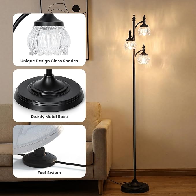 JUNNAI Black Standing Lamps for Living Room 66.5in Floor Lamps with Glass Shade 3 Way Brightness Lights Dimmable Modern Corner Lamp for Bedroom Office(3LED Bulbs Included)