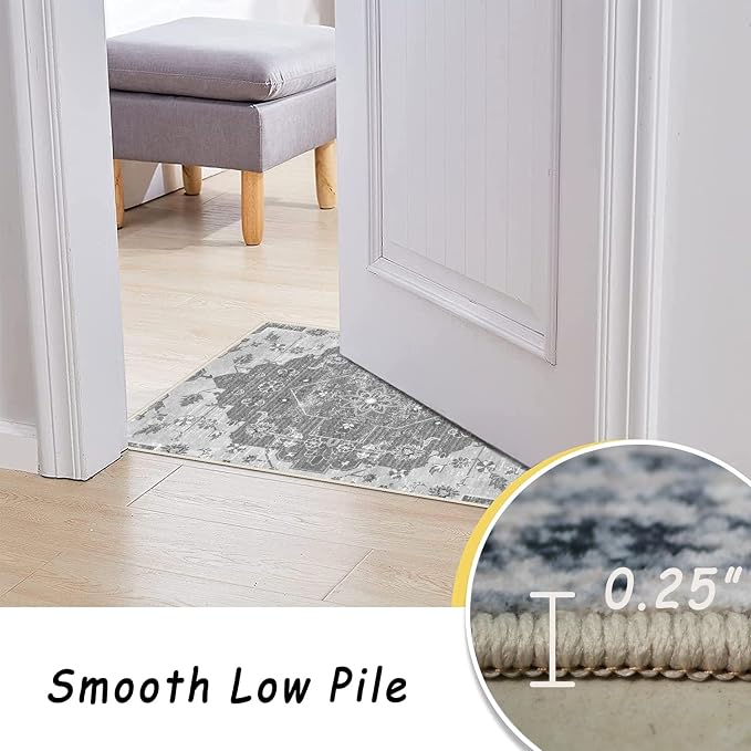 vivorug 4x6 Area Rugs, Stain Resistant Washable Rug for Living Room, Vintage-Inspired Grey Floral Rug
