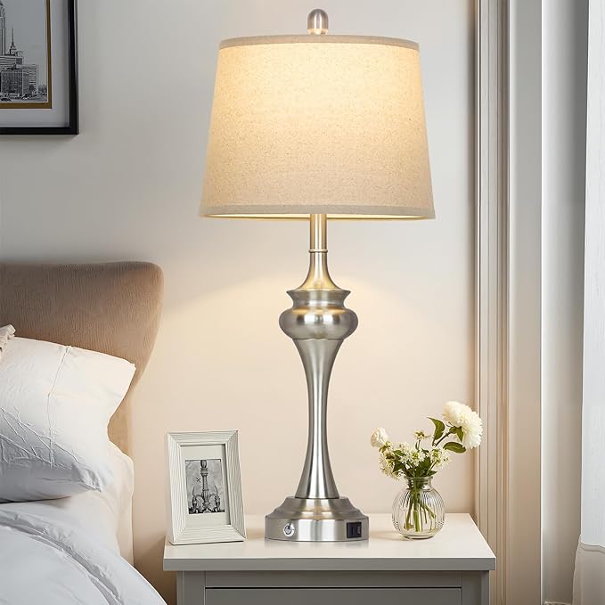 Rinweey 30" Silver Table Lamps Set of 2, 3 Way Touch Control Living Room Lamp with USB A+C Ports, Modern Brushed Nickel Bedroom Lamps, Tall Metal Bedside Lamp for Nightstand Desk Side Table Office
